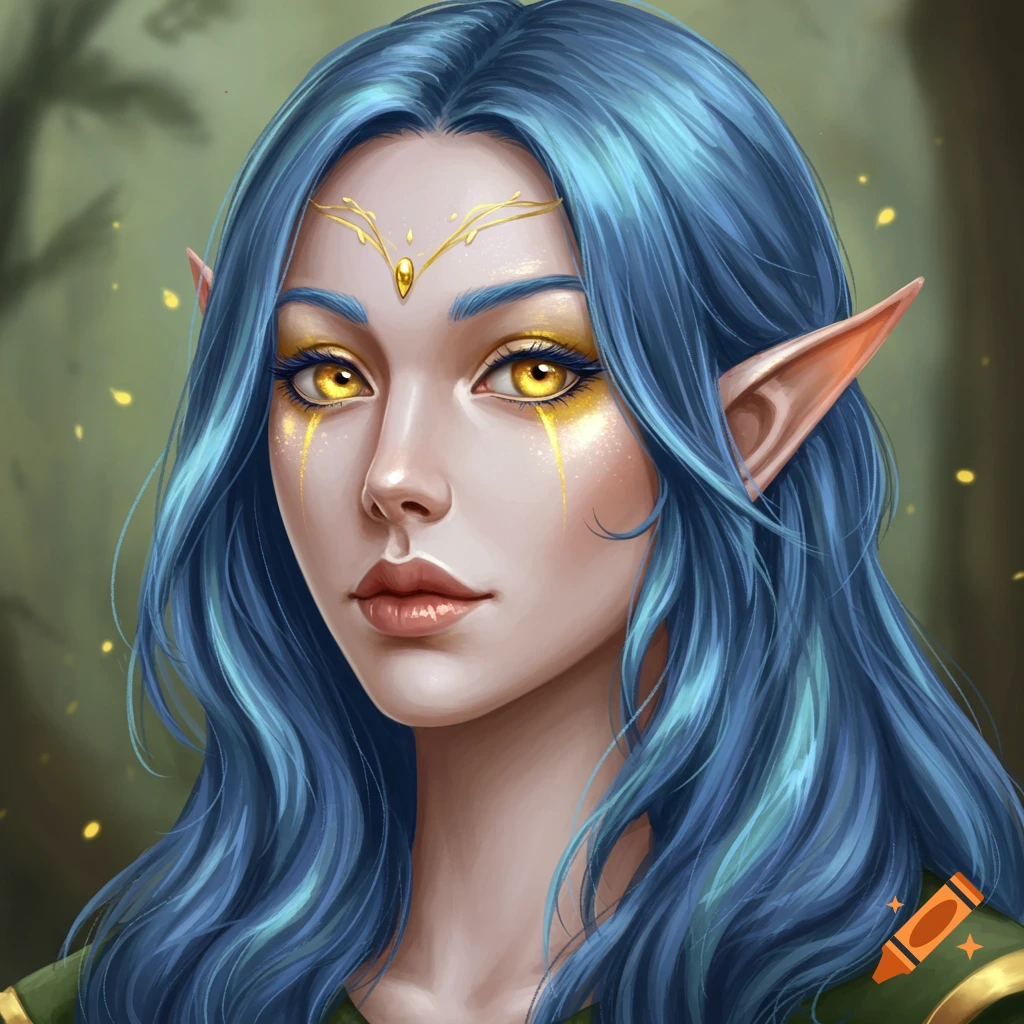 A close-up digital painting of a female elf with blue hair, golden eyes, and a gold headpiece.