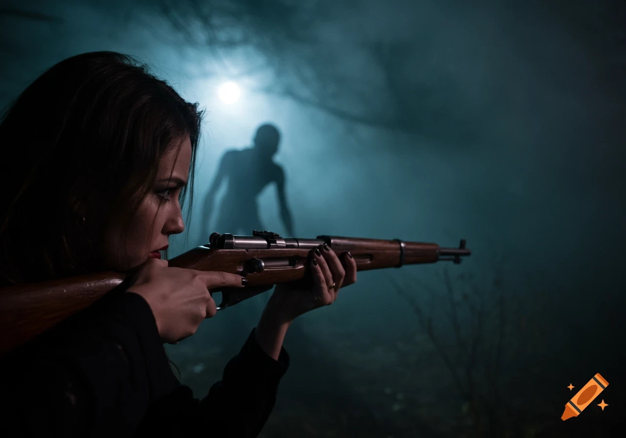Woman with black fingernails aiming a rifle in a dark, foggy forest at a shadowy monster in the background. Photorealistic.