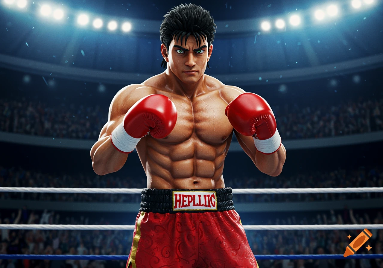 A muscular boxer in red shorts and red gloves stands in a boxing ring under bright lights, in an anime style.