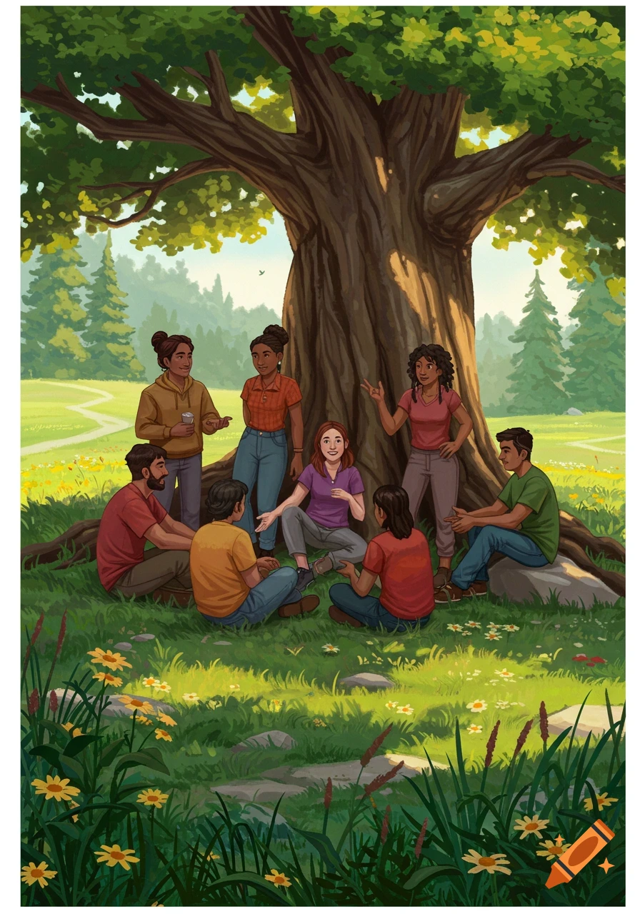 An illustration of a diverse group of people sitting and standing under a large tree in a sunny, grassy field.
