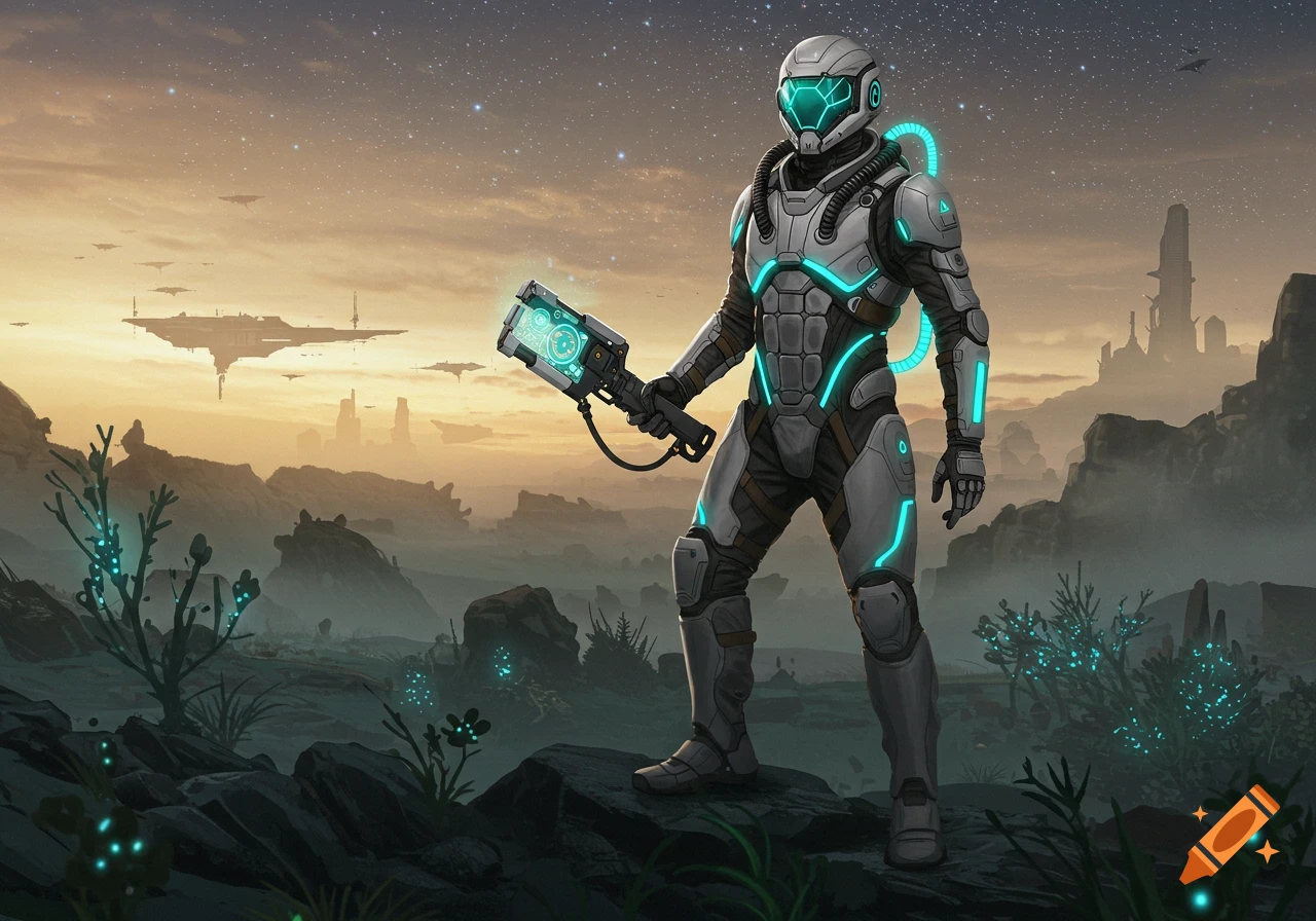 A sci-fi scout in a white and neon blue suit stands on a rocky alien planet holding a futuristic device at sunset.