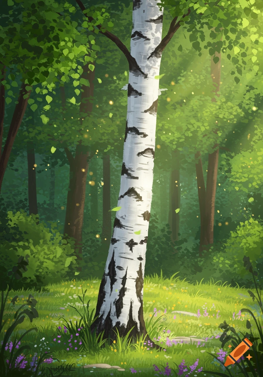 A stylized drawing of a silver birch tree in a sunlit forest clearing, with vibrant green foliage, dappled light, and colorful wildflowers on the grass.