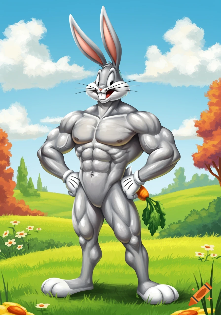Muscular Bugs Bunny flexing in a field under a blue sky, holding a carrot.