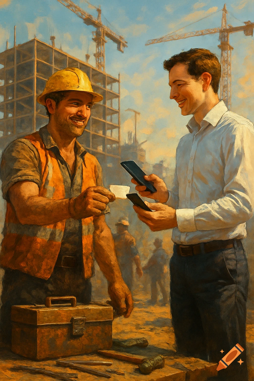Two men, one a construction worker in a hard hat and safety vest, the other in a shirt, smile while exchanging a business card and tapping phones at a construction site.