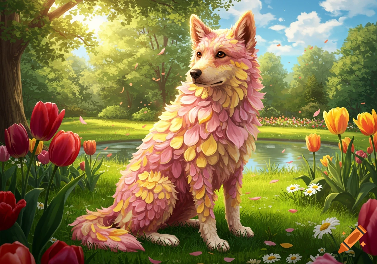 A vibrant dog with pink and yellow flower petals for fur sits in a sunny park with tulips and a pond.