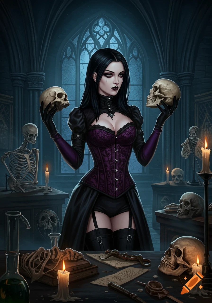 Gothic woman in a purple corset holds two skulls in a dark, candlelit room filled with skeletons and gothic windows.