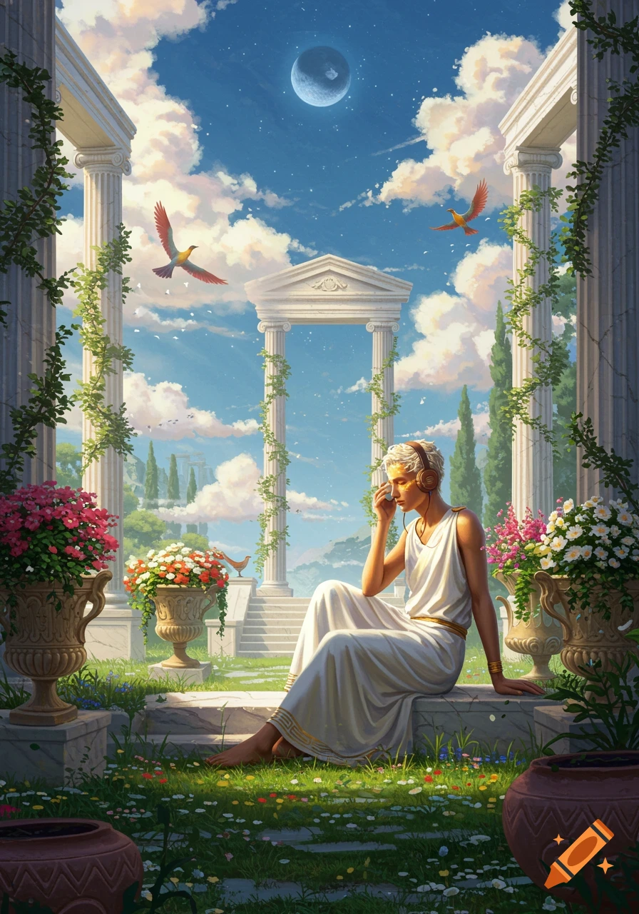A person in a white toga with headphones sits in a serene classical garden with columns, flowers, and birds under a moonlit sky.