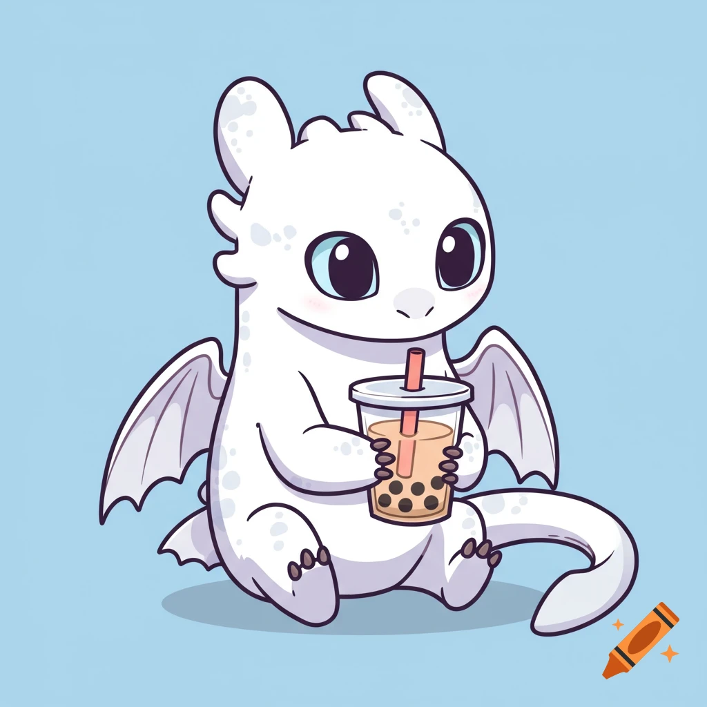 A cute white cartoon dragon, Light Fury from How to Train Your Dragon, sitting and holding a cup of boba tea with a straw.