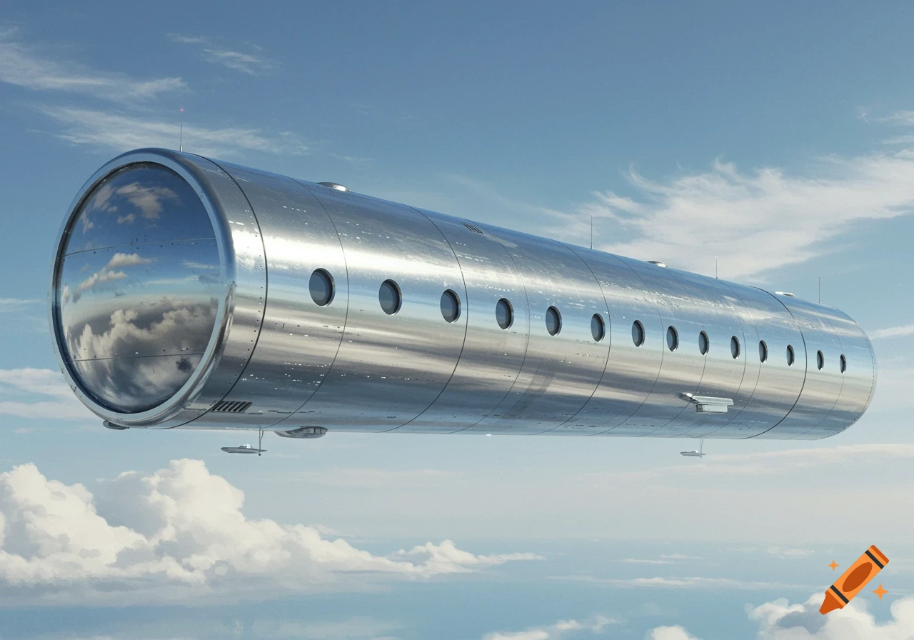A futuristic, long, seamless metallic cylinder with multiple portholes flies through a blue sky filled with white clouds.