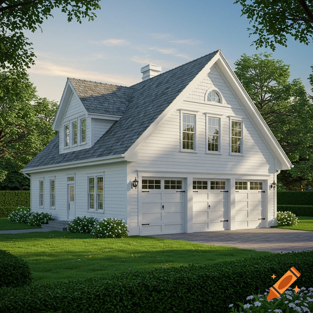 Photorealistic white two-story house with a gray roof, two garage doors, and green landscaping under a blue sky.