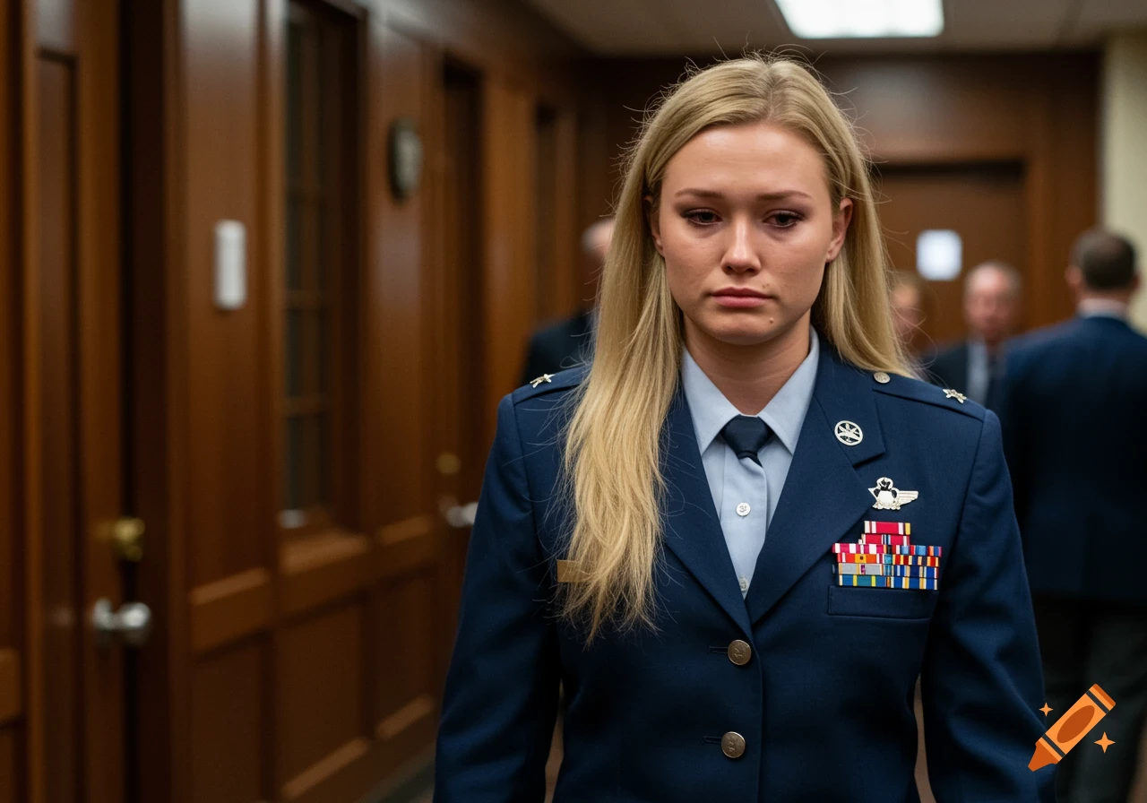 A blonde woman in a blue Air Force uniform, adorned with medals and ribbons, looks crestfallen while walking in a wooden hallway.