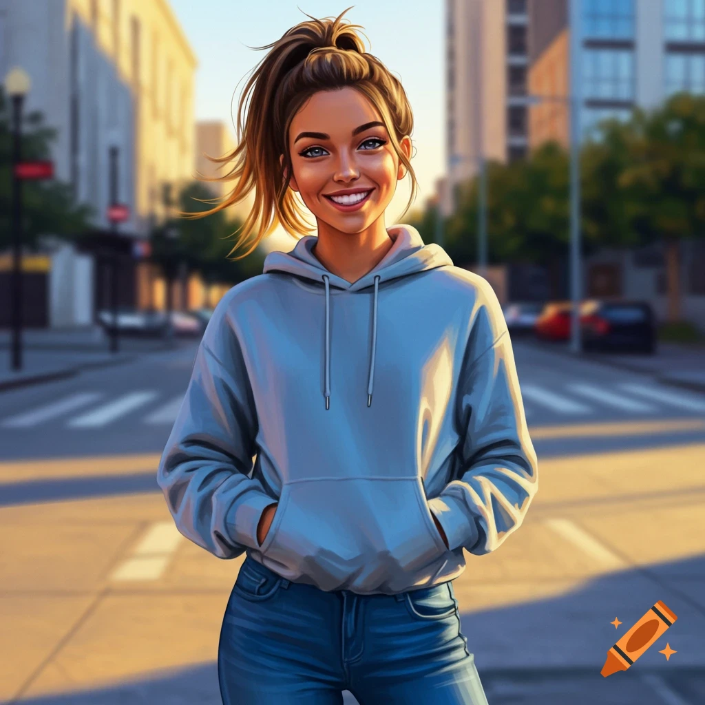 A smiling young woman with a high ponytail stands in a city street wearing a grey hoodie and jeans, in a digital art style.