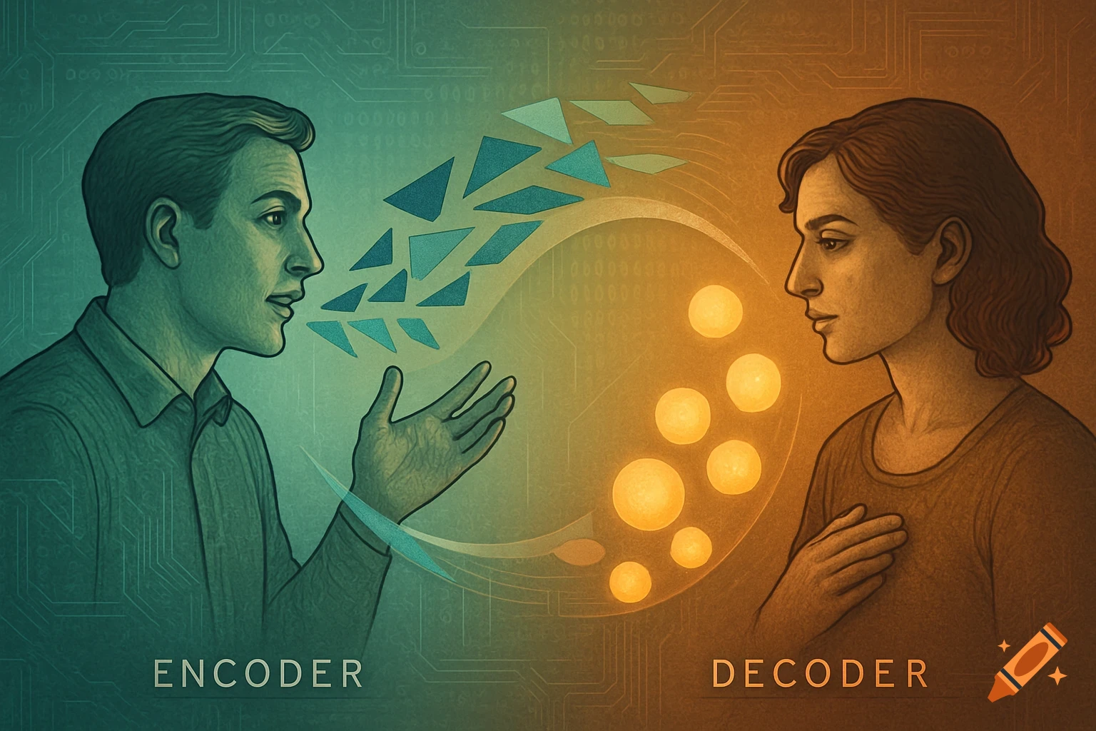 An illustration of a male "ENCODER" speaking to a female "DECODER" with abstract shapes and circuits.