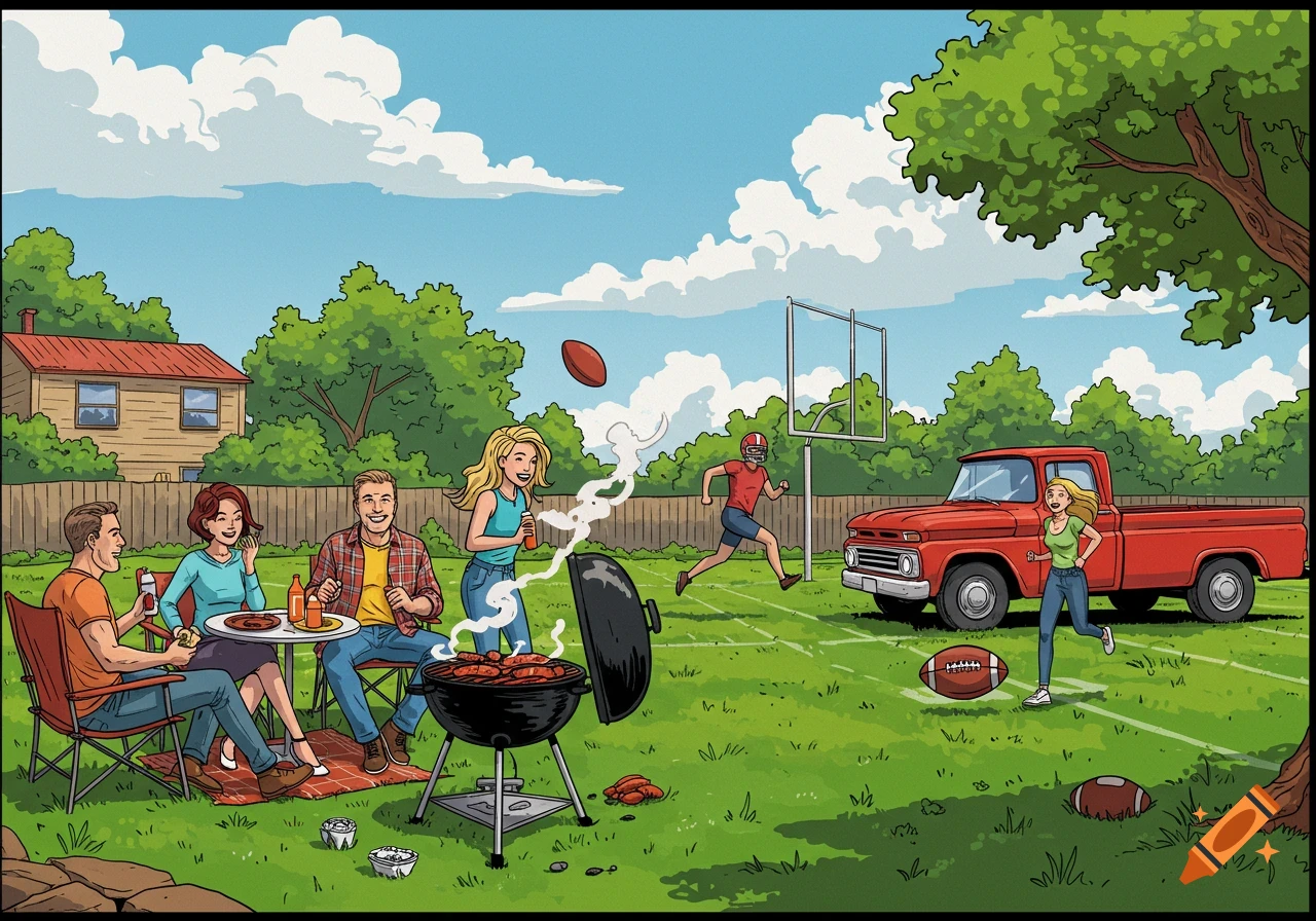 A comic book style illustration of friends having a backyard barbecue and playing American football, with a red pickup truck parked nearby.