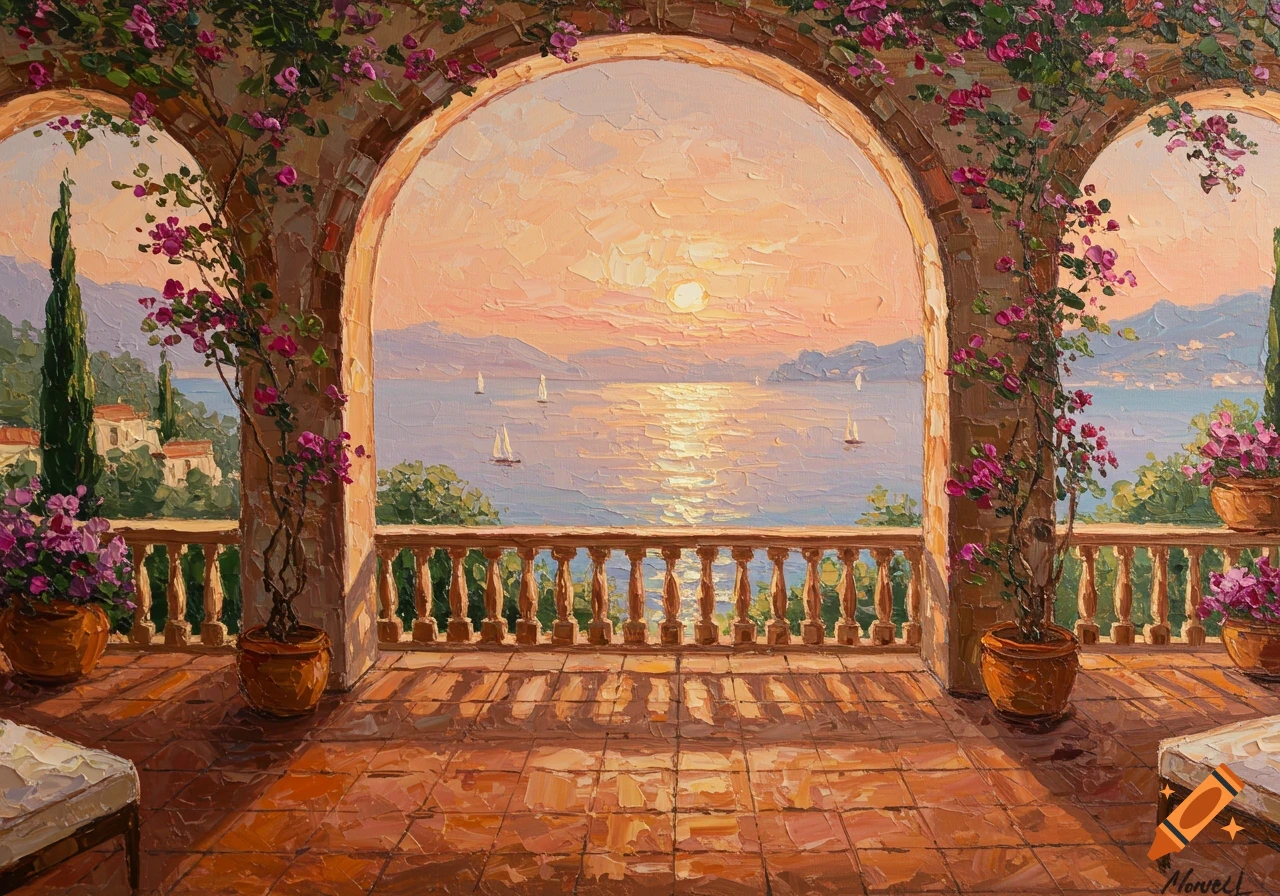An oil painting of a sunset over the Mediterranean Sea, viewed through a stone archway on a terracotta terrace with flowering vines and potted plants.