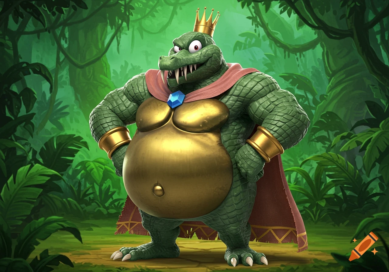 Digital illustration of King K. Rool, a large, menacing crocodilian character with a gold crown, red cape, and gold belly armor, standing in a jungle.