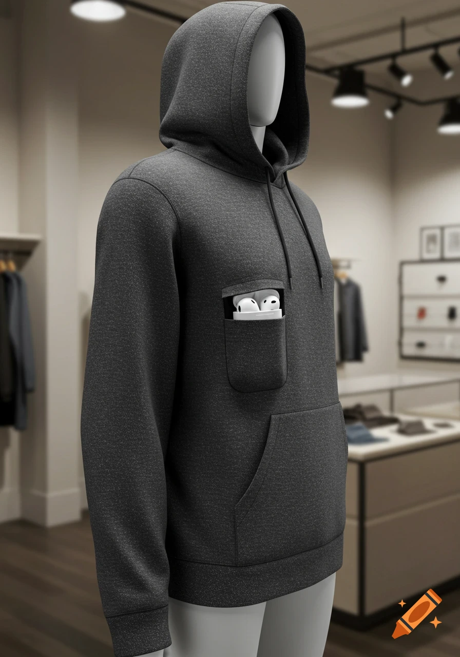 A dark grey hoodie on a mannequin features a hidden pocket on the chest holding white wireless earbuds.