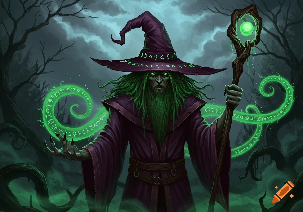 A scary wizard with a purple hat, long green hair and beard, and grey skin, with glowing green eyes and casting green magic in a dark, misty forest.
