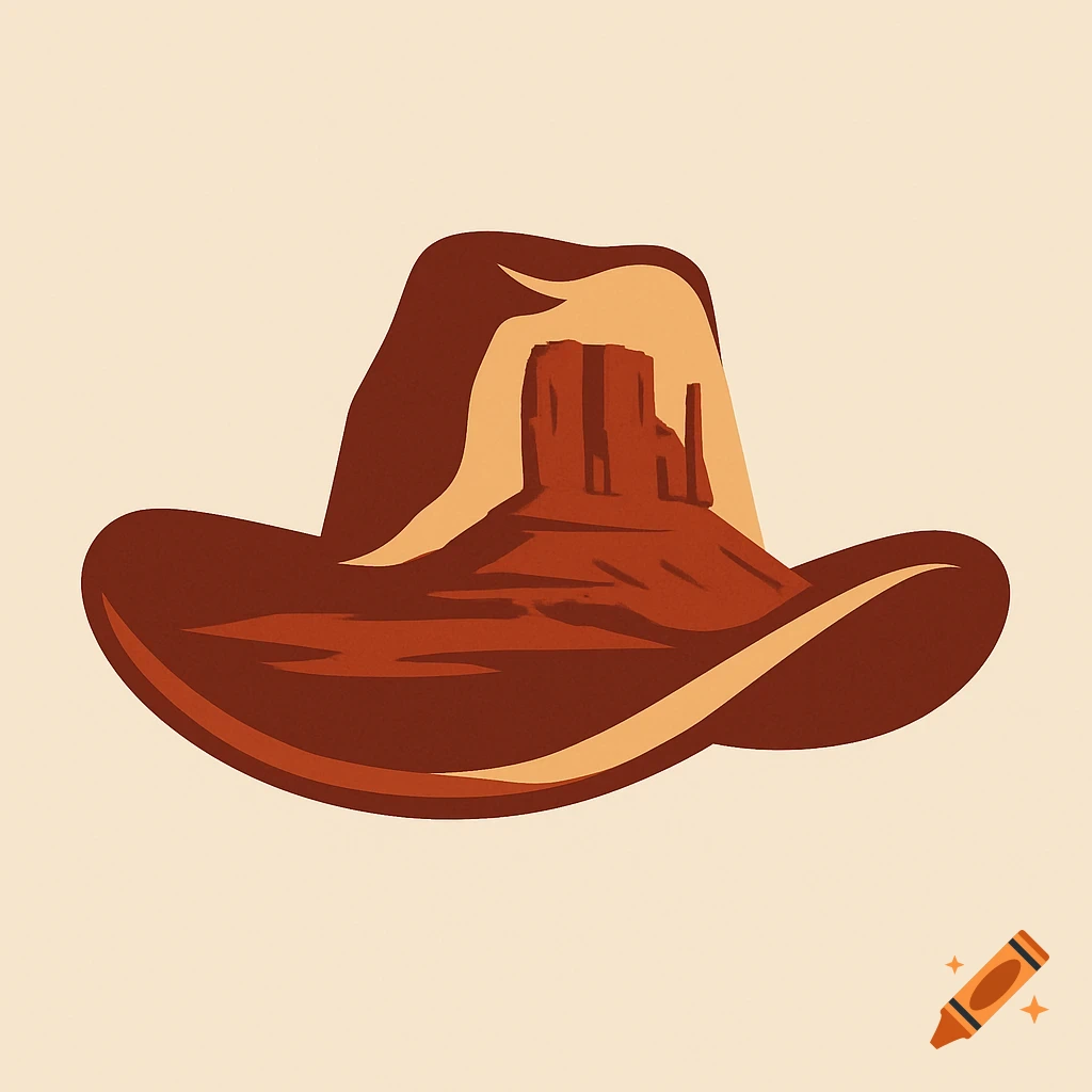 A graphic design logo of a brown cowboy hat with a silhouette of Monument Valley mesas forming its crown.
