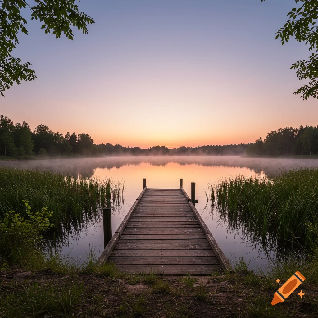 A long wooden pier extends into a misty lake at sunrise, surrounded by dark trees and tall grass.