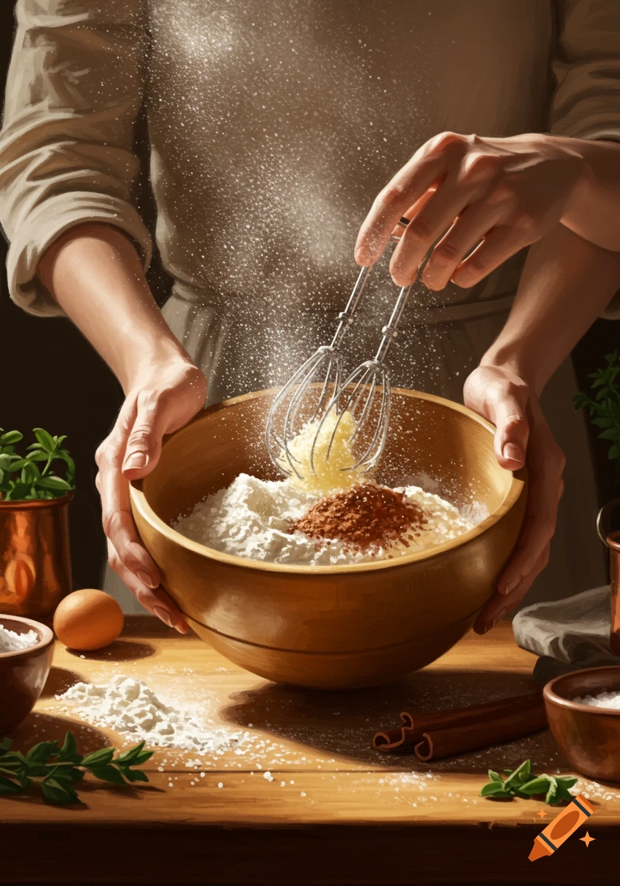 Hands mixing flour and cocoa in a wooden bowl, with ingredients on a wooden table, photorealistic.
