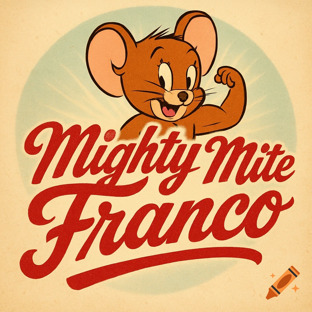 Jerry the mouse flexing a bicep above 'Mighty Mite Franco' in red 50s-style script on a vintage poster background.