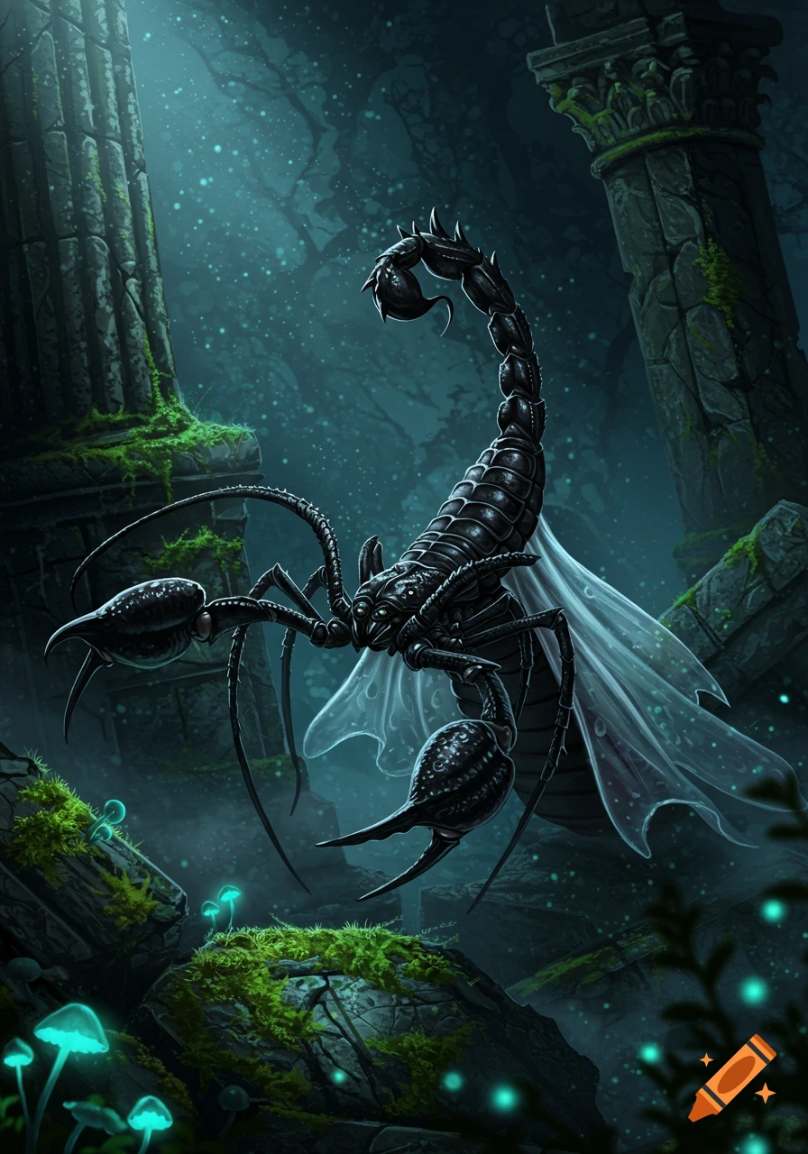 A large black winged scorpion floats among ancient moss-covered ruins with glowing blue mushrooms in a dark, mystical forest.