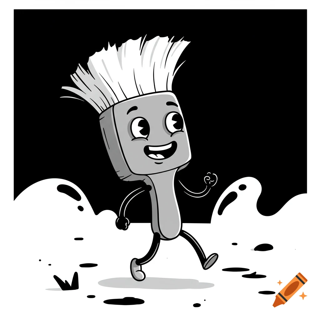 A happy cartoon paintbrush with legs and arms walking, leaving paint splatters on a black and white background.