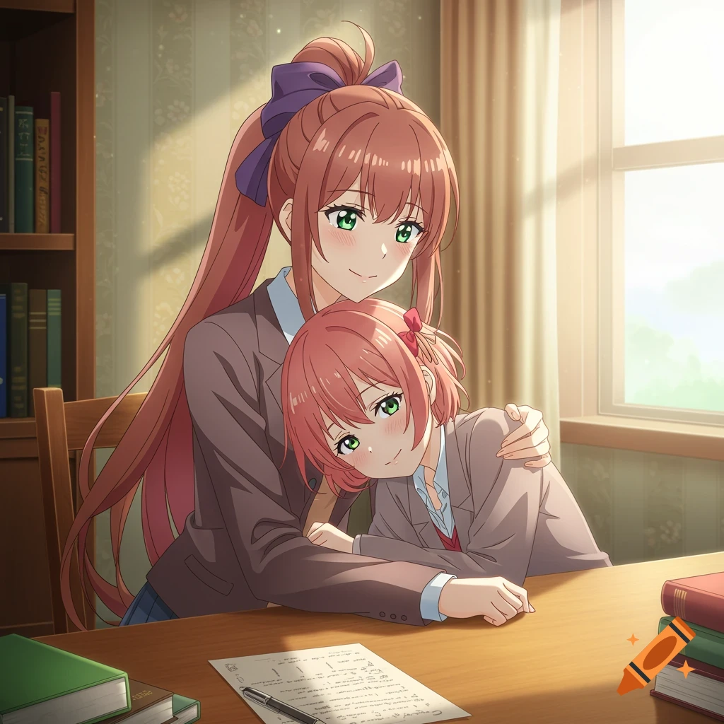 Two anime girls, Monika and Sayori, embrace at a table in a sunlit room. Sayori rests her head on Monika's shoulder.
