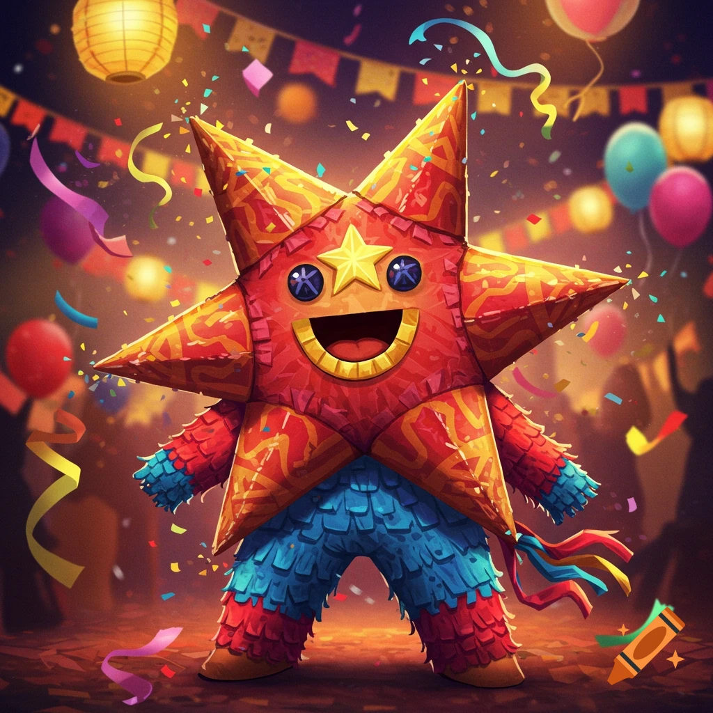 A happy, vibrant, star-shaped pinata character stands at a party with confetti, balloons, and lanterns.