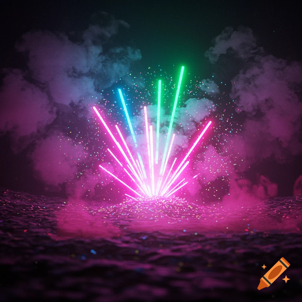 Bright neon light beams in pink, blue, and green burst upwards from a dark, rippling surface, surrounded by smoke and sparkling particles.