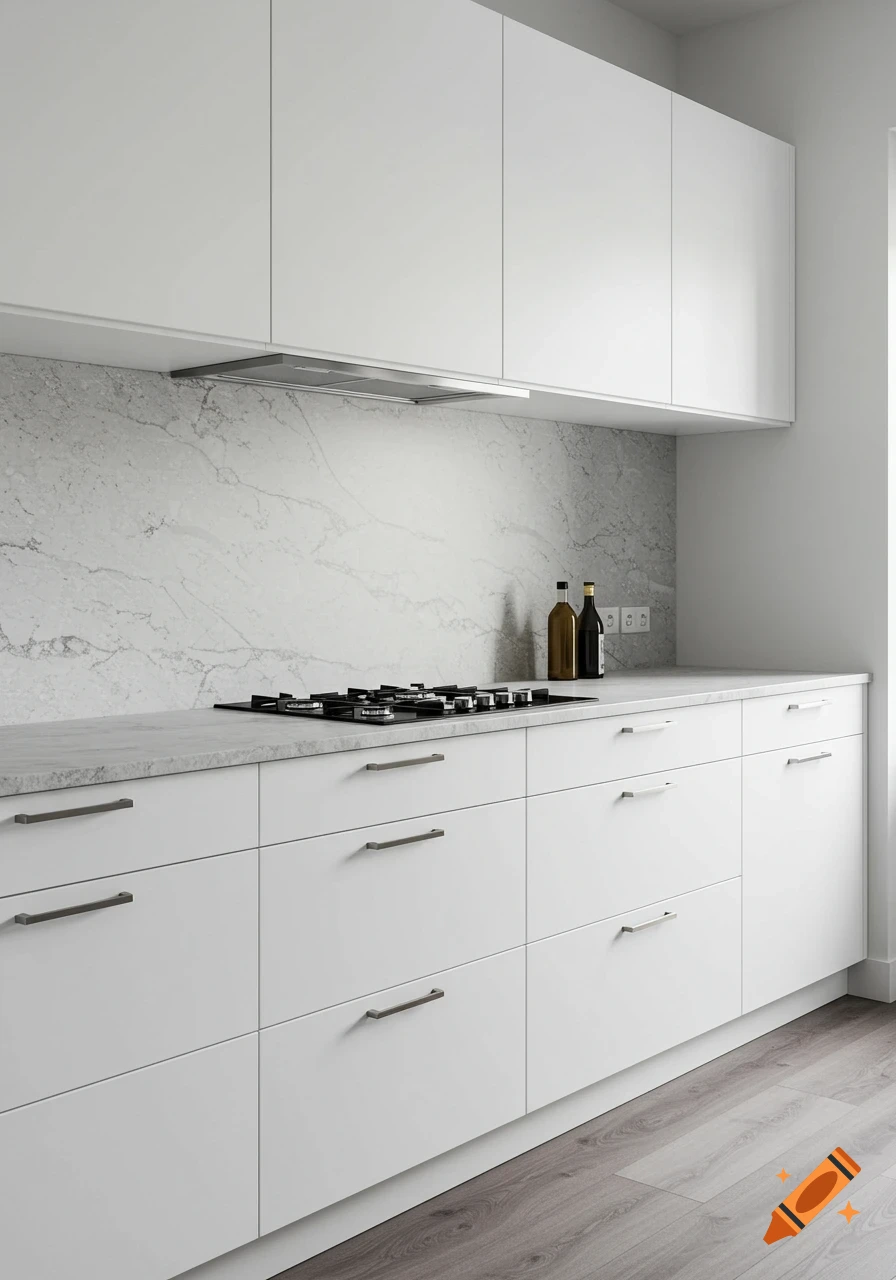 A modern kitchen with white cabinets, a gray marble backsplash, a gas stove, and light wood flooring.