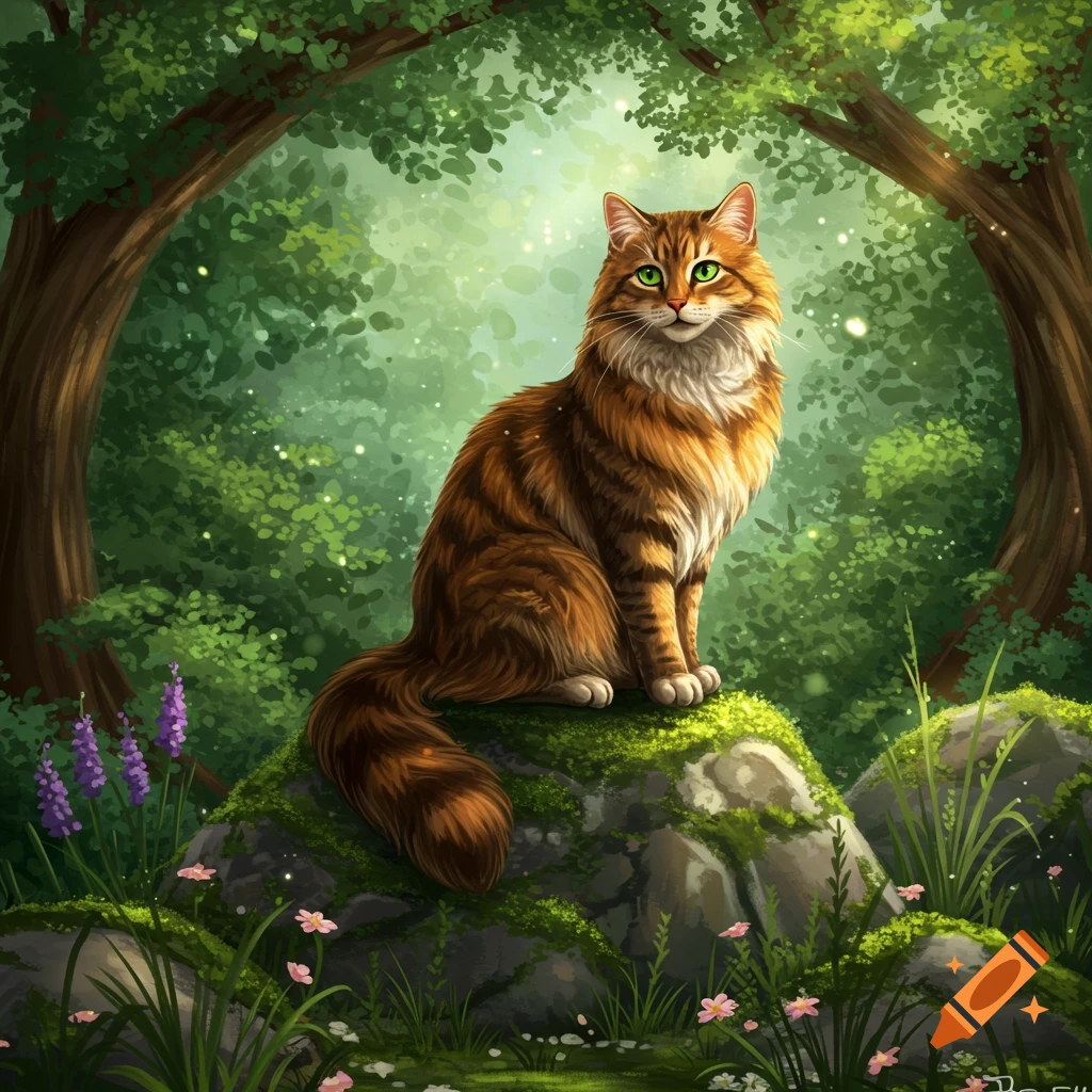 A fluffy, orange tabby cat with green eyes sits on a mossy rock in a vibrant, sun-dappled forest.