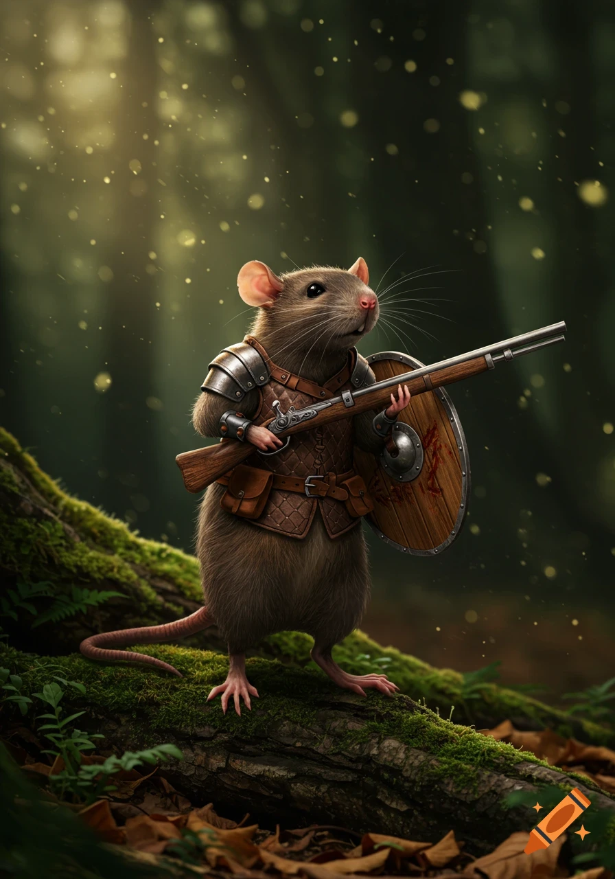 A rat warrior in leather armor and a wooden shield holds a musket while standing on a mossy log in a fantasy forest.