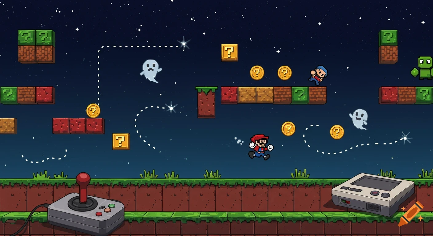 A pixel art retro video game scene with characters, blocks, coins, ghosts, and game controllers under a starry sky.
