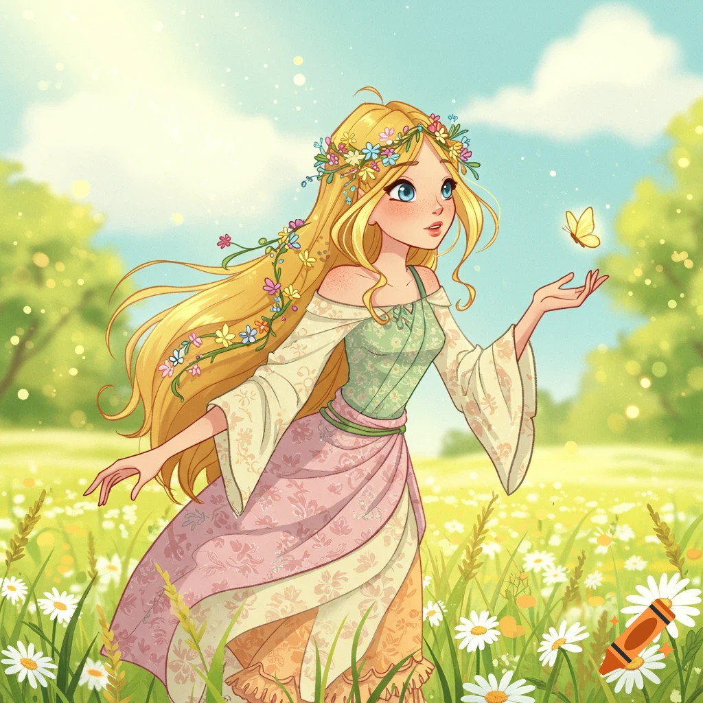 A blonde girl with a flower crown in a flowing dress stands in a field of daisies, reaching out to a yellow butterfly. Animated style.