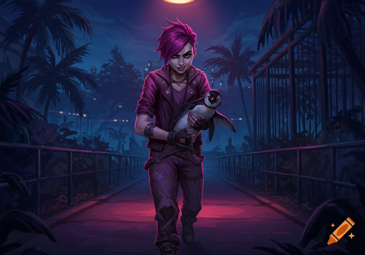 A stylized character with pink hair, resembling Vi from Arcane, walks down a dark zoo path at night, holding a penguin.