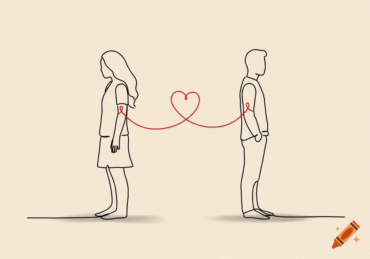 Abstract line drawing of a man and woman standing back to back, connected by a red string forming a heart between them.