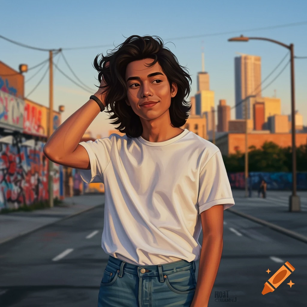 A digital art portrait of a young man with long dark hair in a white t-shirt and jeans on an urban street at sunset.