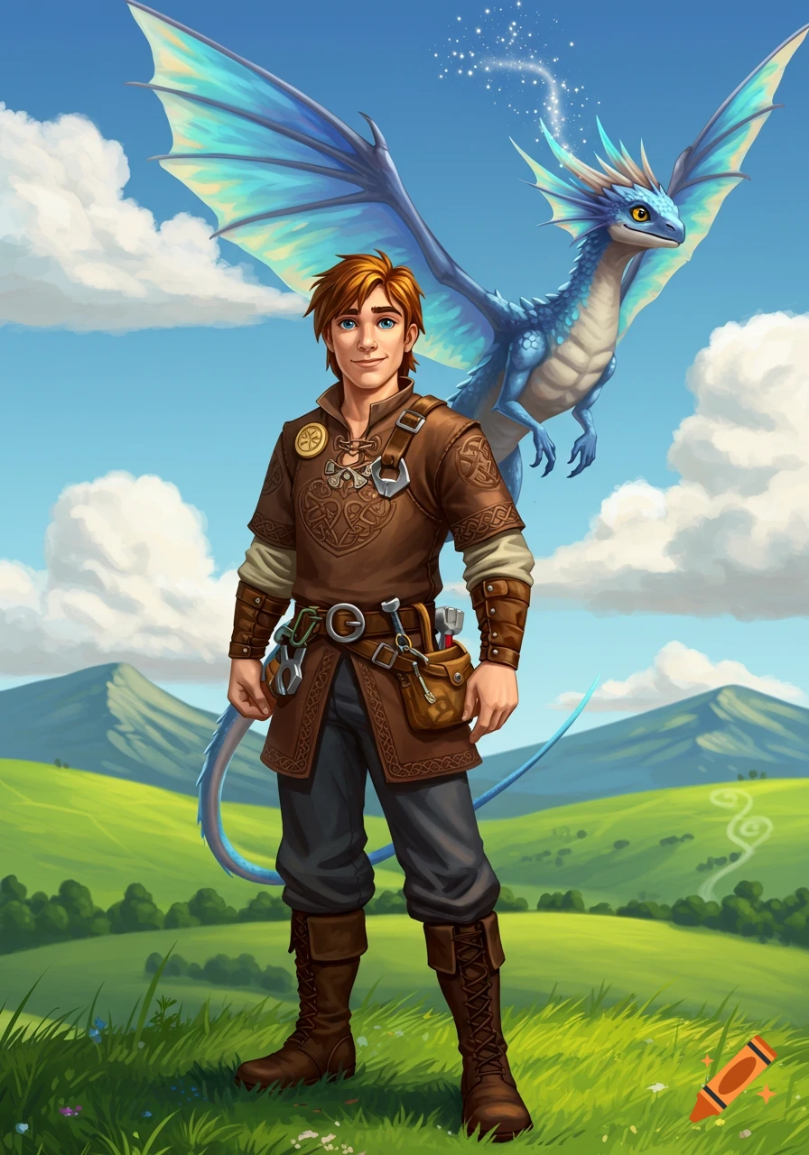 A smiling young man in a brown tunic stands in a green field with a blue dragon flying behind him under a blue sky. Fantasy illustration.