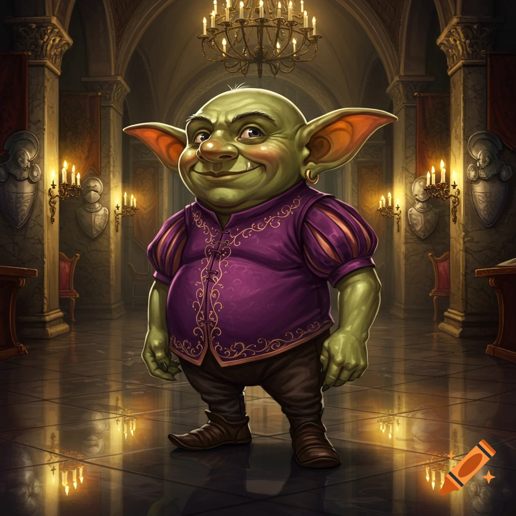 A green goblin with a potbelly wears a purple tunic with gold trim, standing in a grand hall with chandeliers and pillars.
