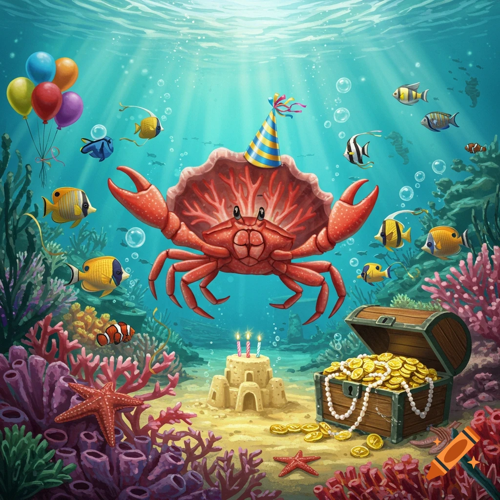 A vibrant cartoon red crab wearing a party hat celebrates a birthday underwater with fish, coral, balloons, a sandcastle cake, and a treasure chest.