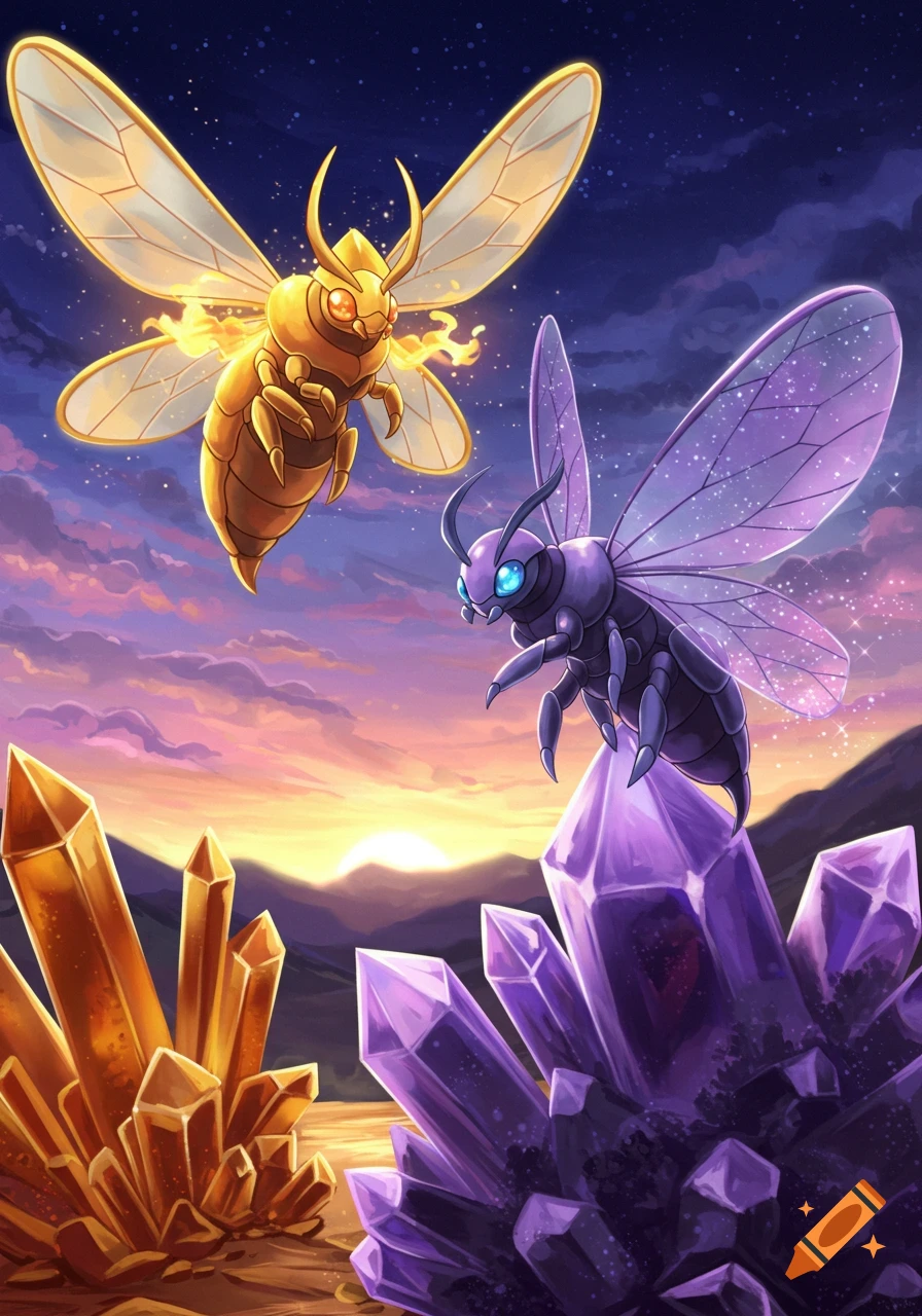 Two fantastical insect-like creatures, one golden and one purple, fly over glowing crystals at sunset in a vibrant art style.