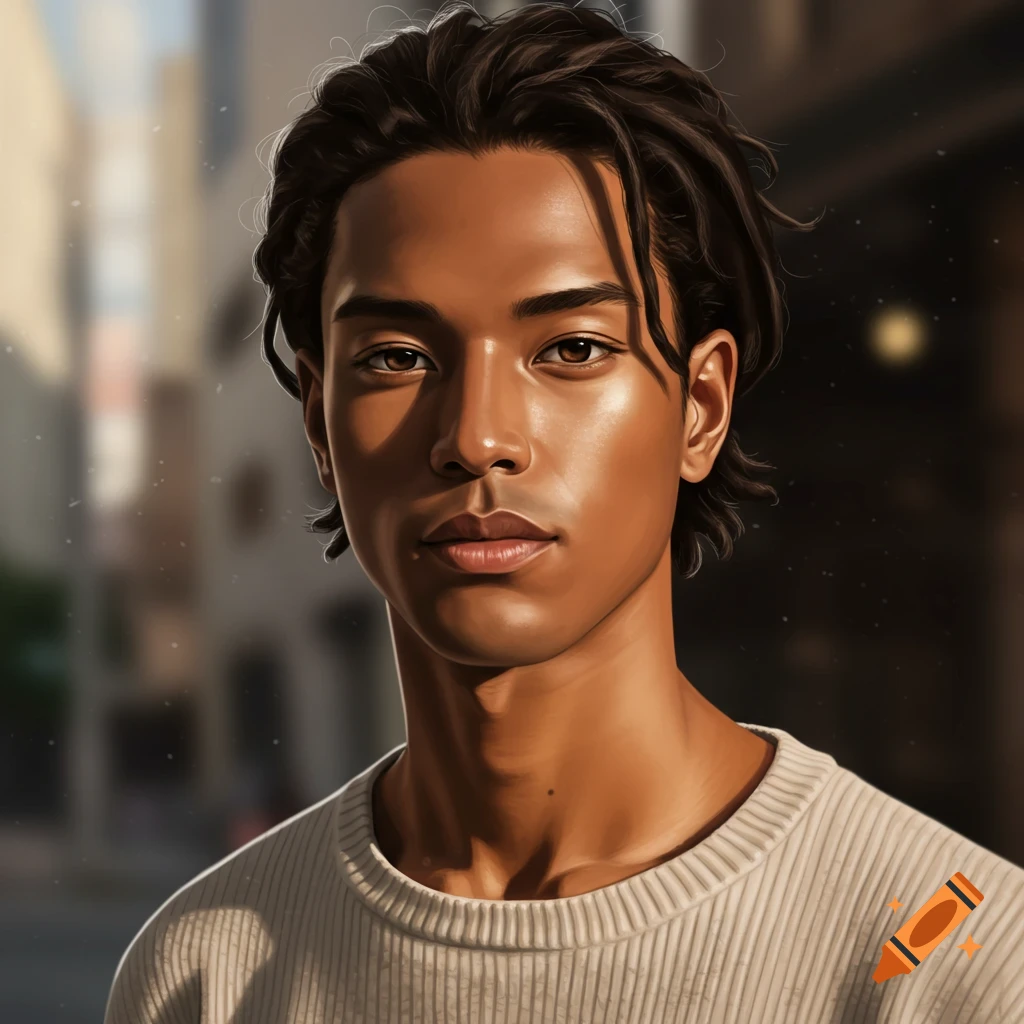 A photorealistic portrait of a young man with tan skin, dark brown hair, and brown eyes, wearing a light sweater, with a blurred city background.