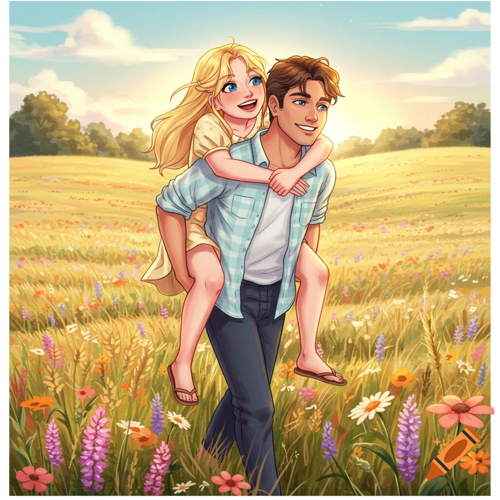 Illustrated image of a man giving a blonde woman a piggyback ride through a colorful field of wildflowers at sunset.