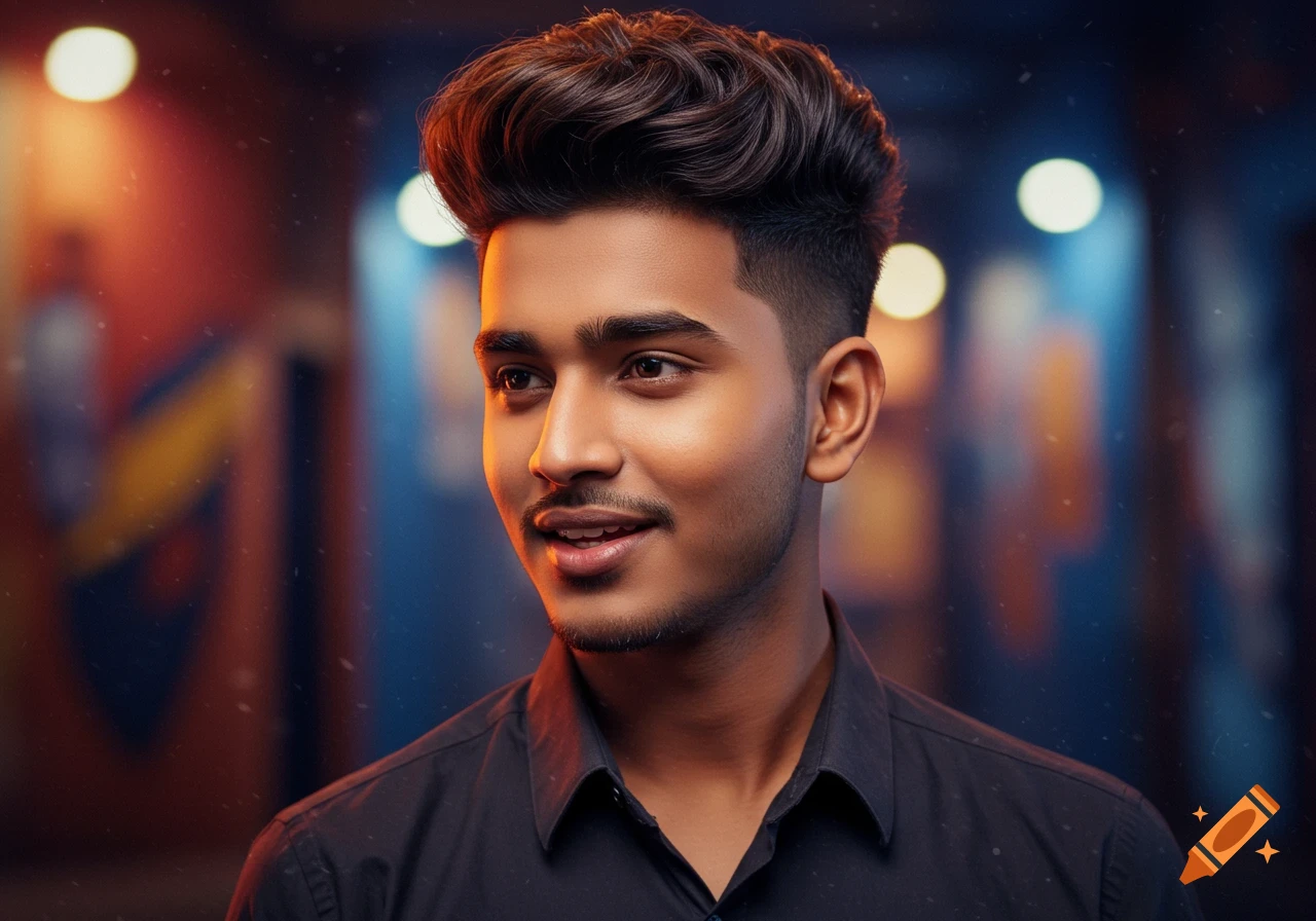 Photorealistic portrait of a young South Asian man with a modern fade haircut, smiling slightly, against a blurred bokeh background.