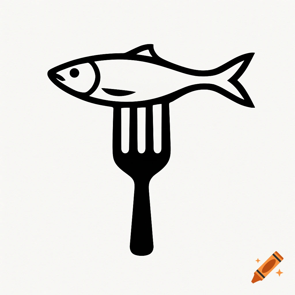 A minimalist black outline logo of a fish on a fork.