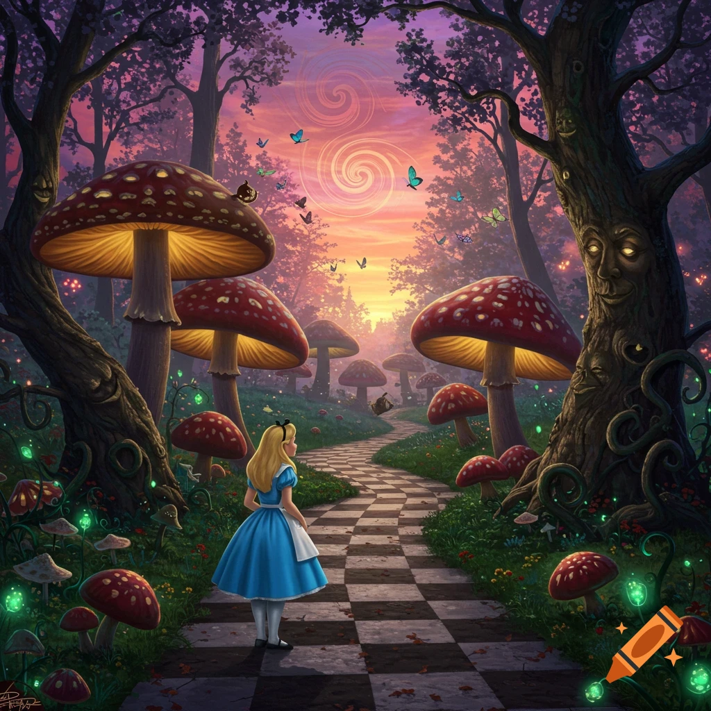 Alice stands on a checkered path in a vibrant, surreal forest with giant glowing red and white mushrooms and trees with faces, under a swirling sunset sky.