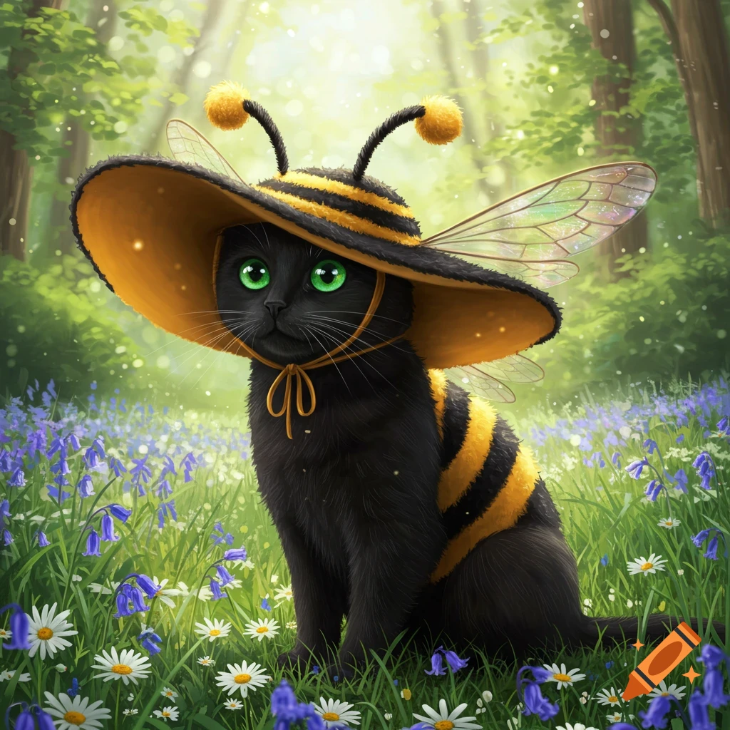 A black cat wearing a yellow and black striped bee hat with antennae and bee wings sits in a field of purple and white flowers in a sunny forest.
