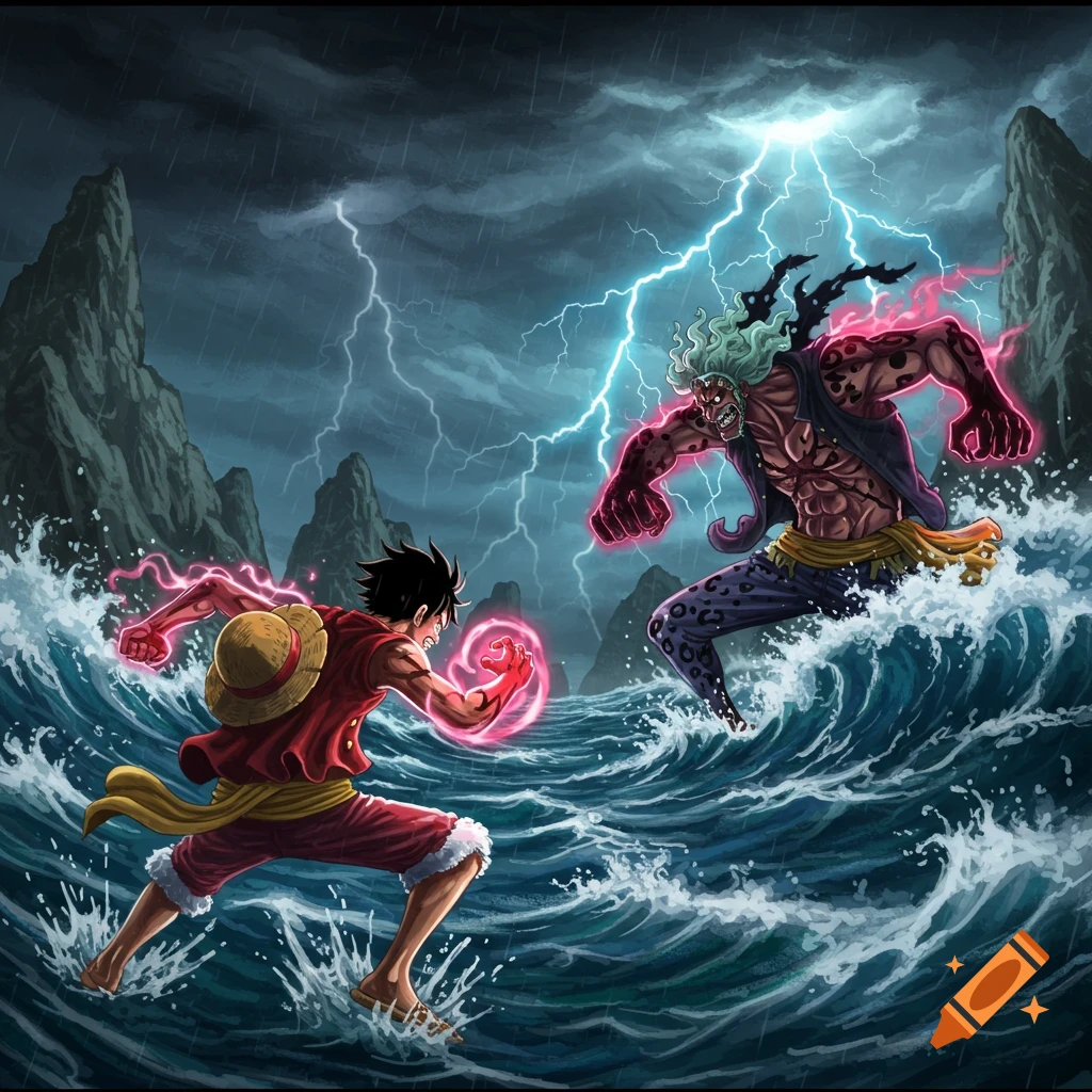 Anime style illustration of Luffy in a red shirt fighting a muscular, green-haired opponent amidst a stormy sea and lightning.